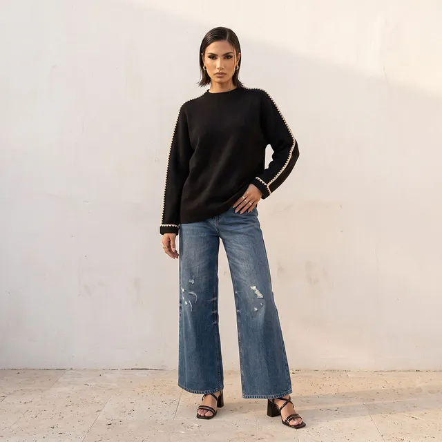Splash Smart Blanket Stitch Trim Crew Neck Sweater – image 3