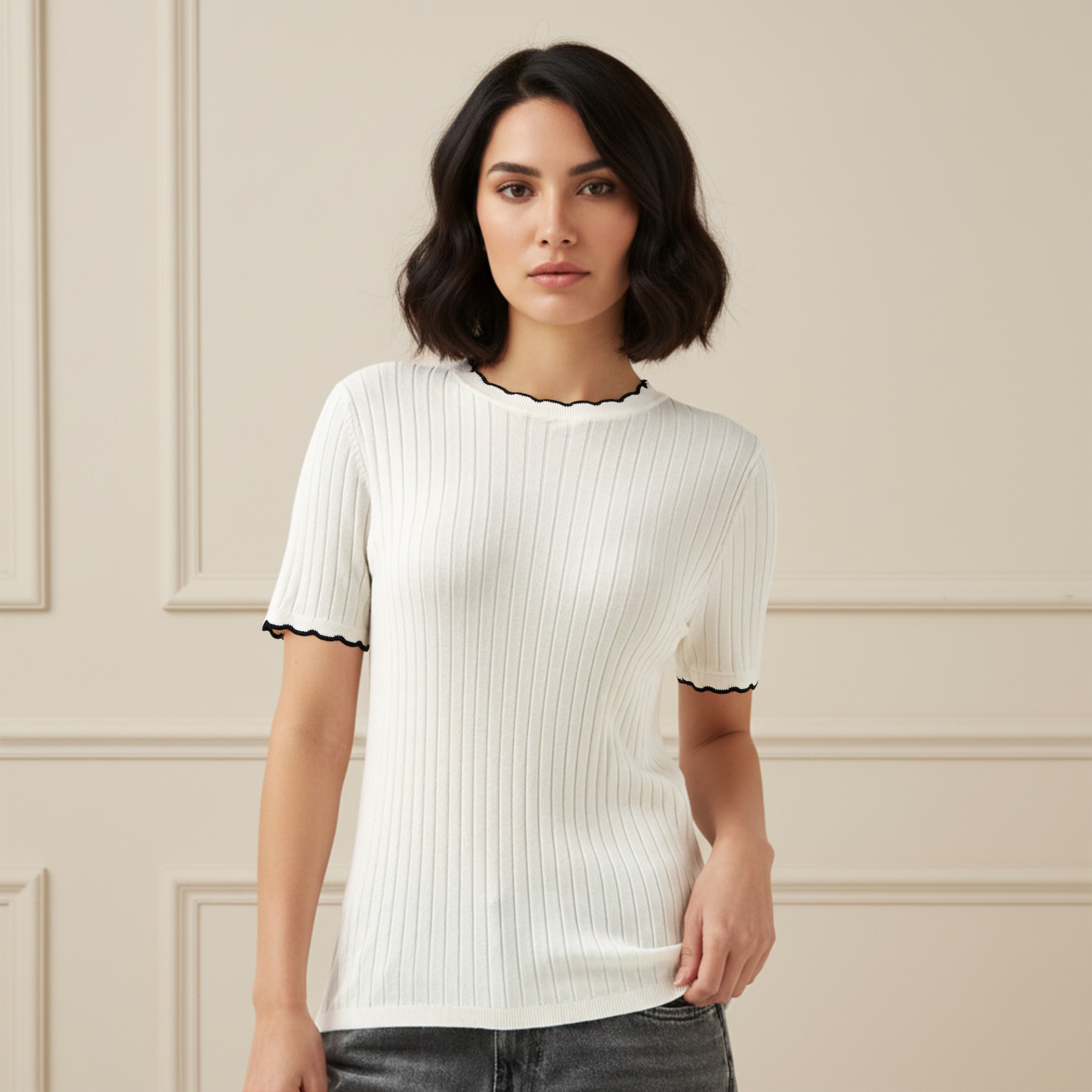 Ribbed Scallop Neck Sweater