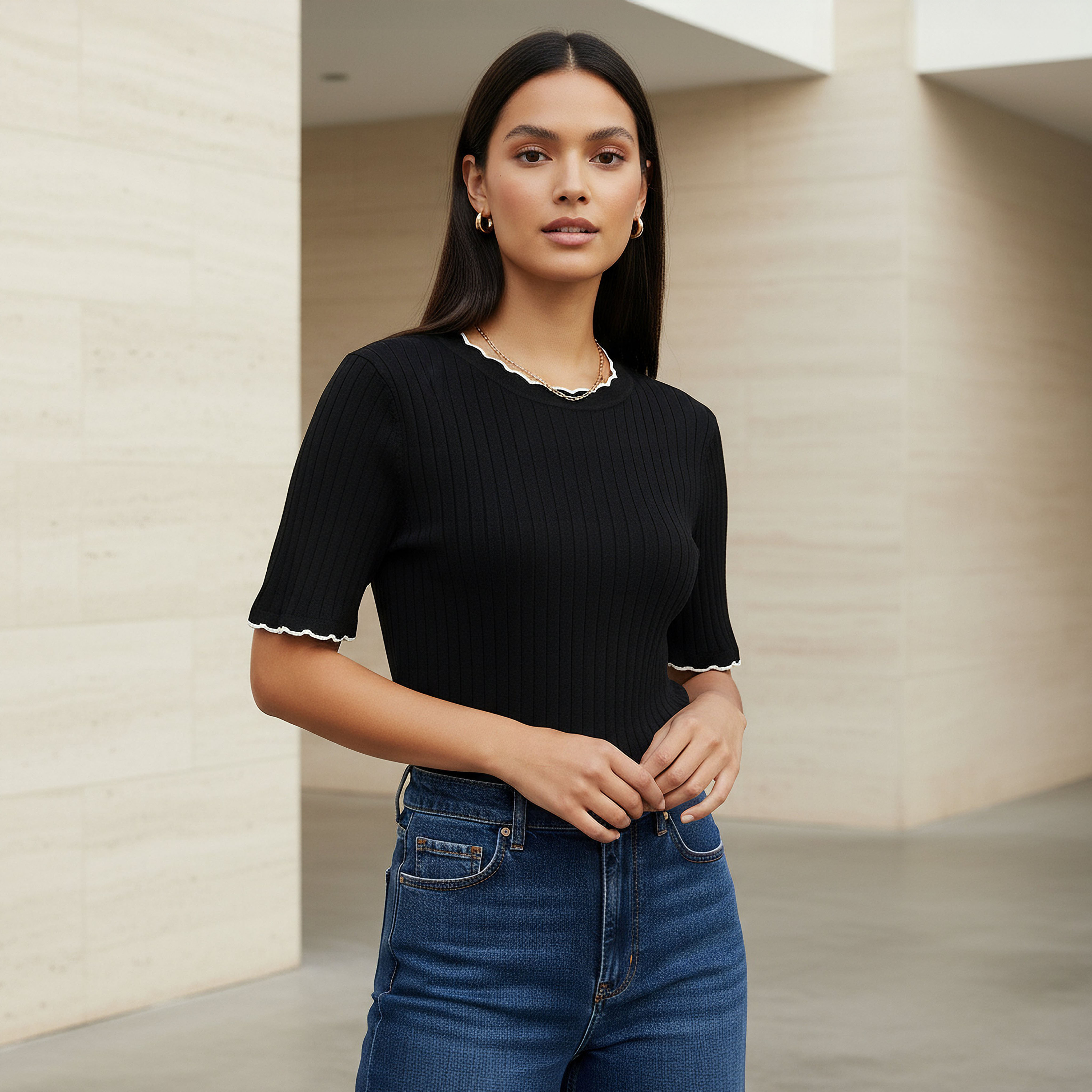 Ribbed Scallop Neck Sweater