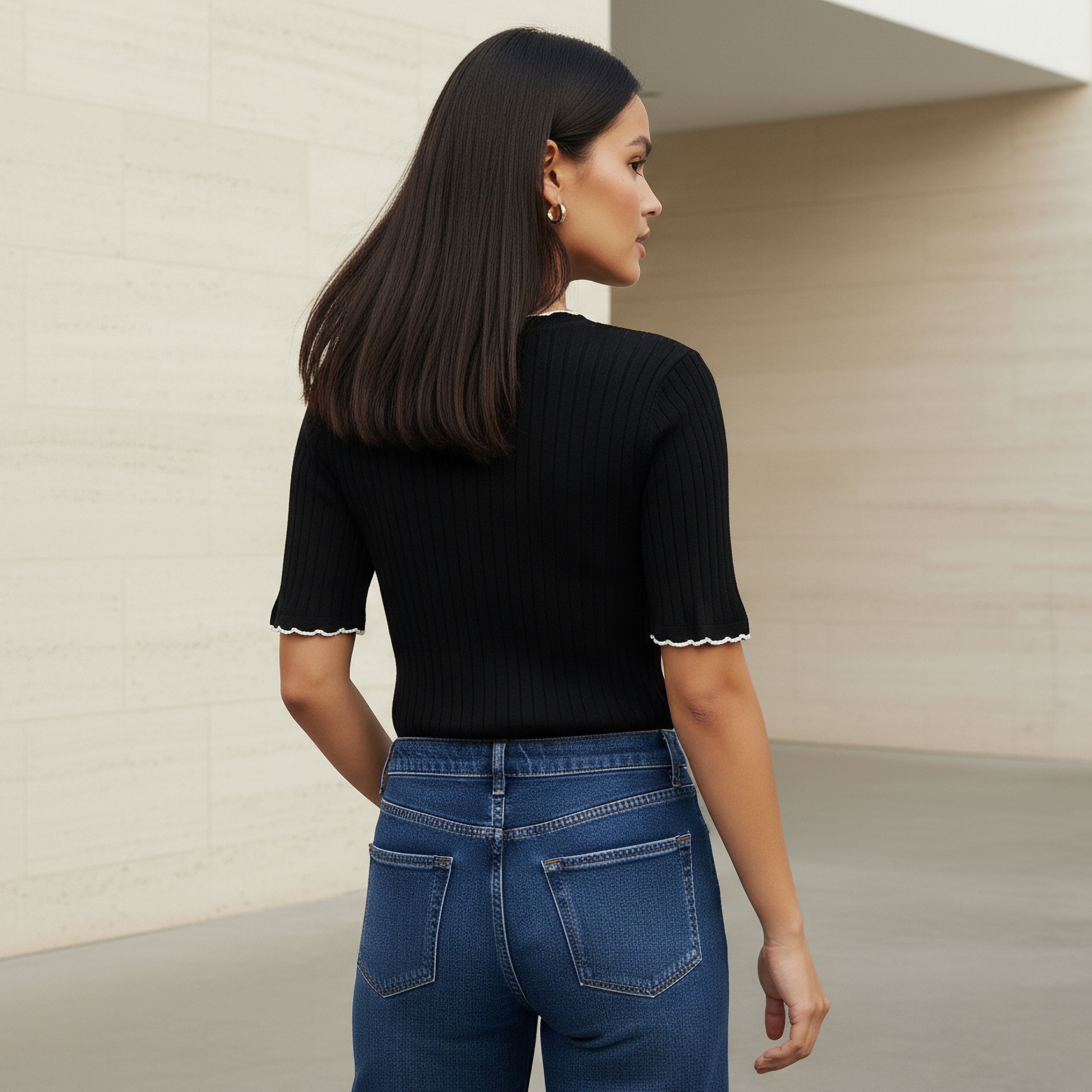 Ribbed Scallop Neck Sweater