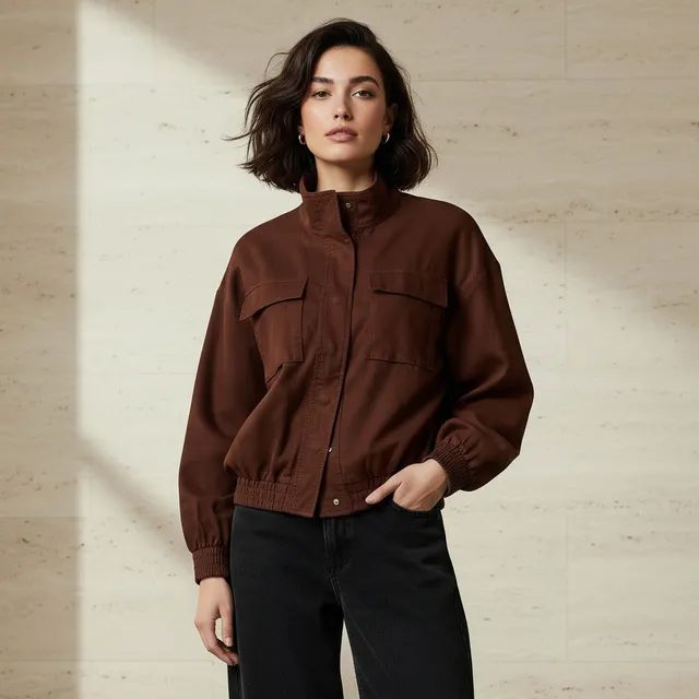 Linen Blend Utility Bomber Jacket with High Neck