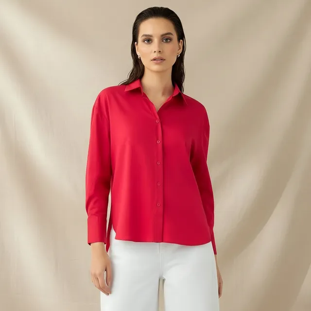 Poplin Shirt with High Low Hem