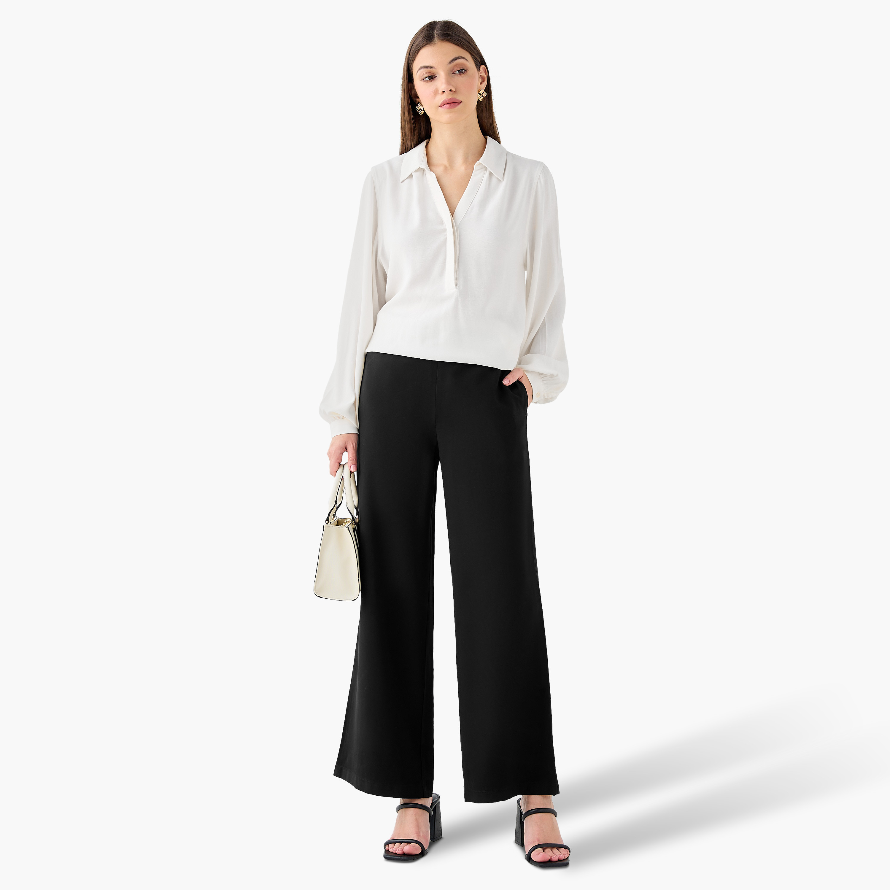 Regular Fit Mid-Rise Wide Leg Pants