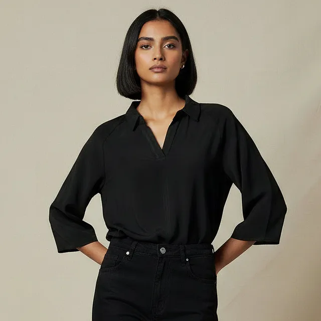 Relaxed Fit Viscose Blend Raglan Top with Collar – image 6