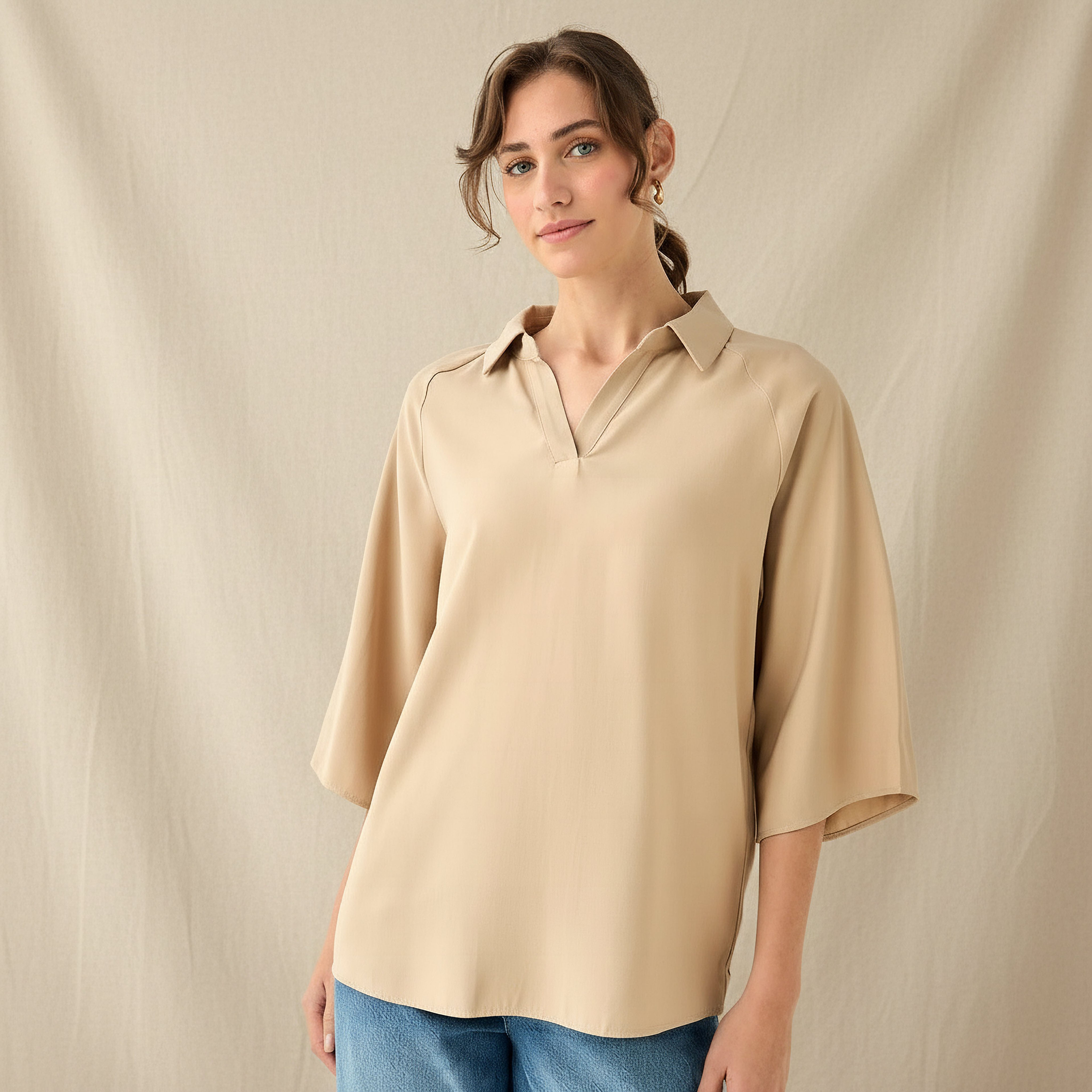 Relaxed Fit Twill Raglan Collar Top