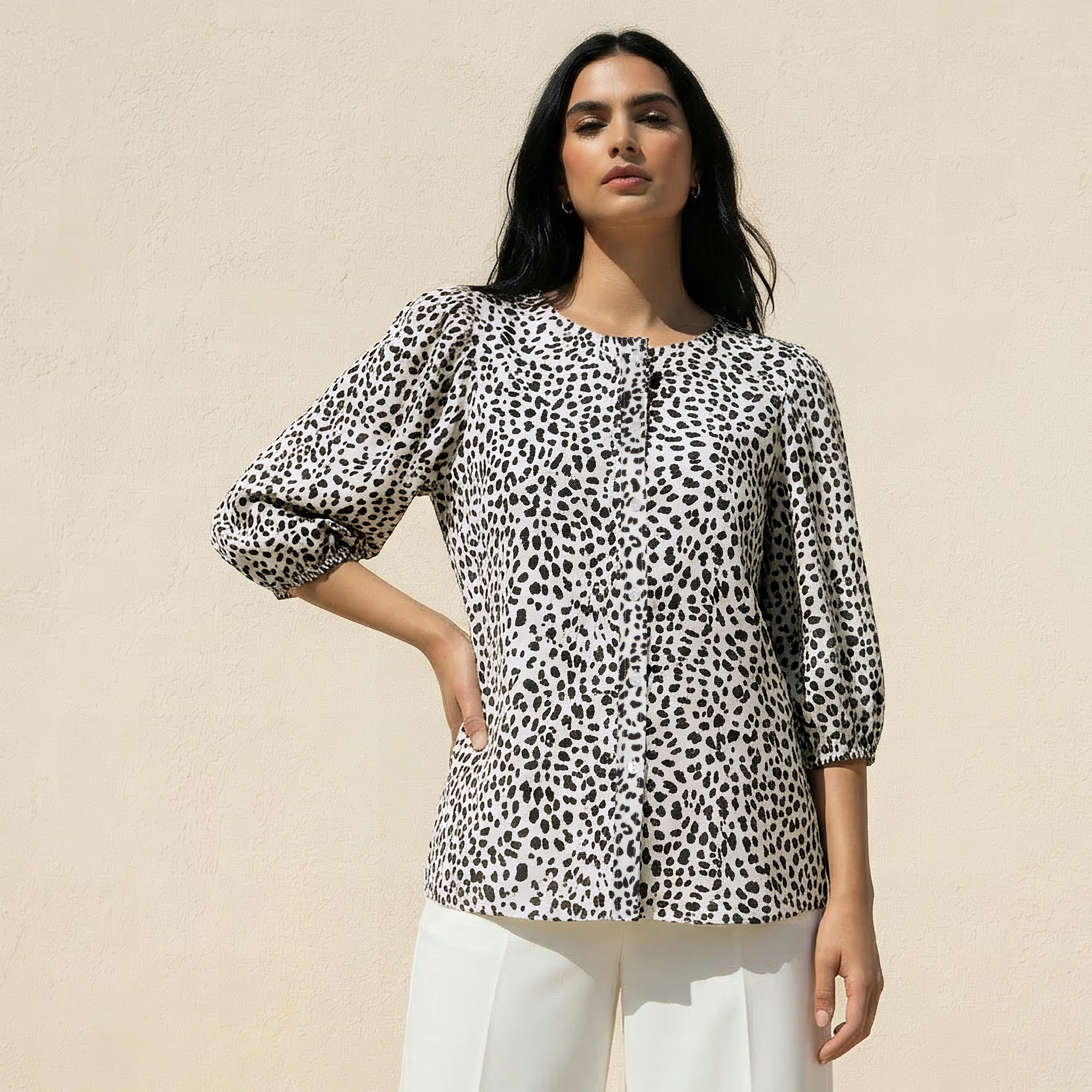 Linen Blend Animal Print Balloon Sleeve Shirt