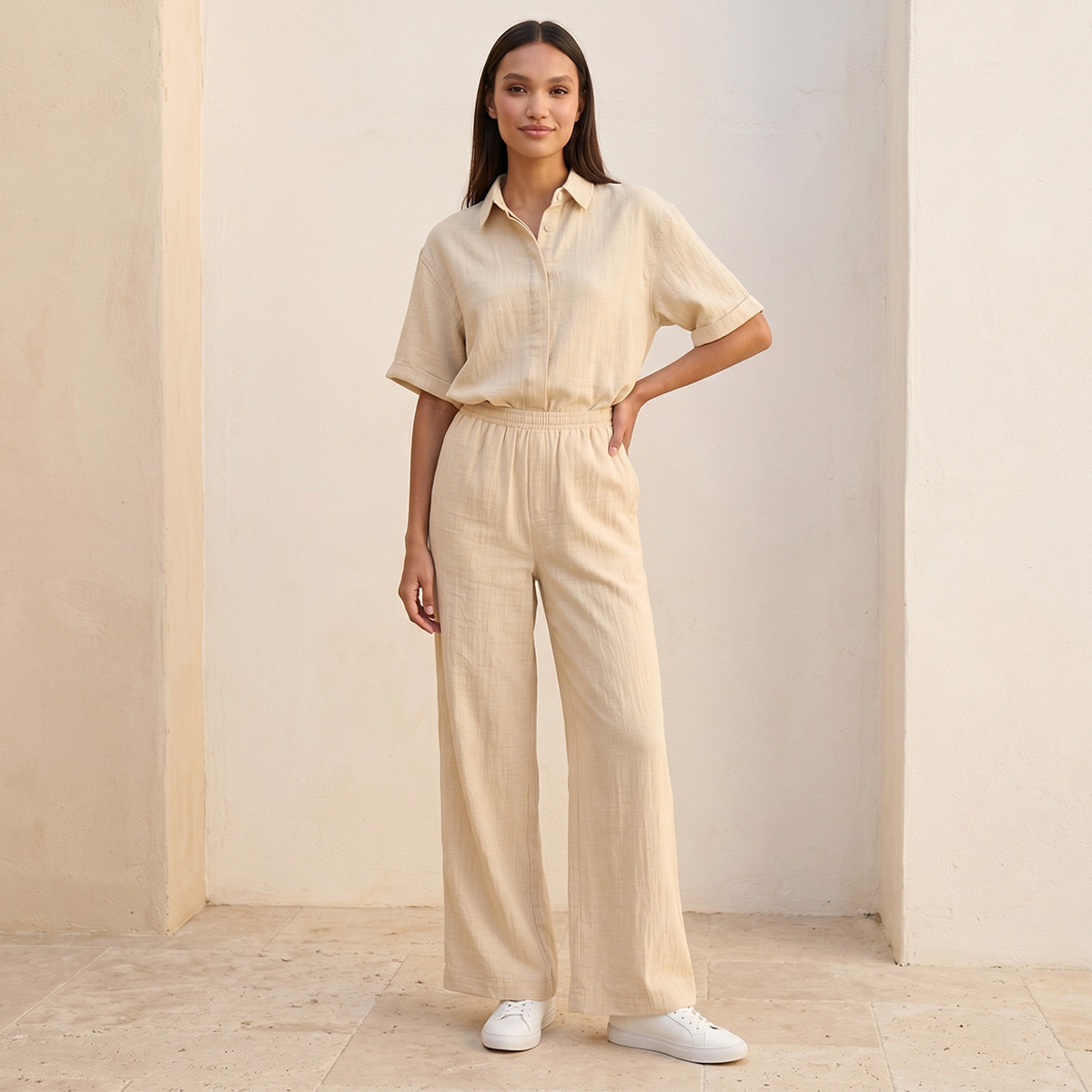 Splash Basic Flexi Waist Textured Slub Trousers