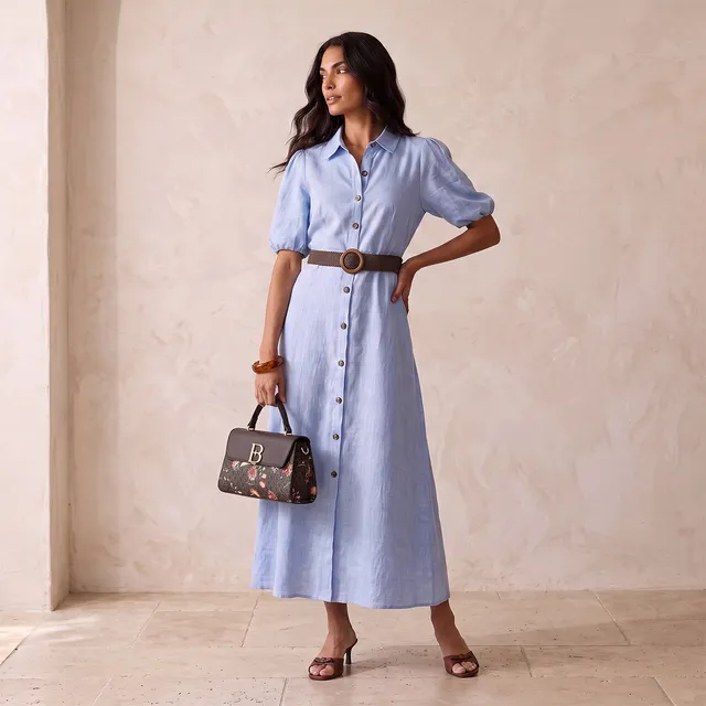 Splash Basics 100% Linen Shirt Dress with Belt