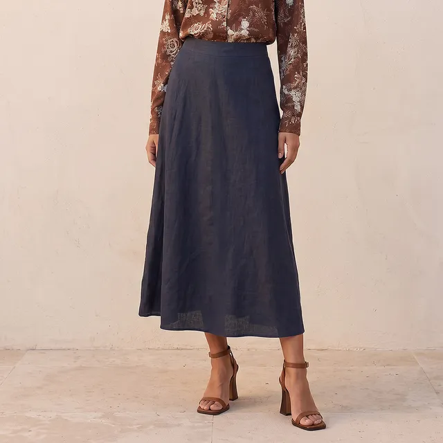 Splash Basic Midi 100% Linen A-line Skirt