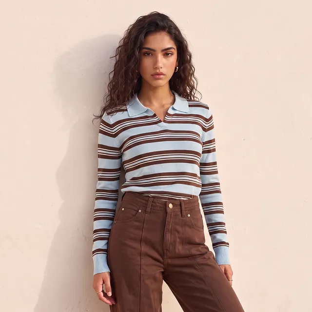 Splash Basic Striped Sweater with Polo Collar – image 2