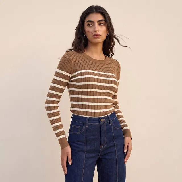 Splash Basic Striped Cable Knit Sweater with Button Trim – image 2