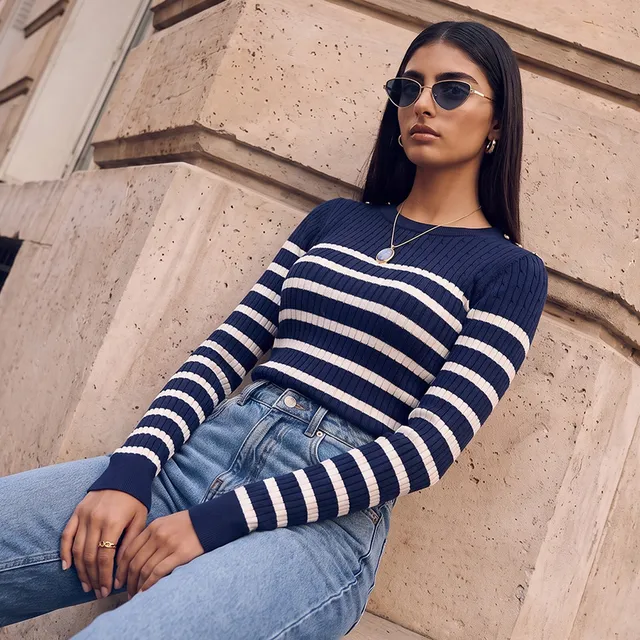 Splash Basic Striped Cable Knit Sweater with Button Trim