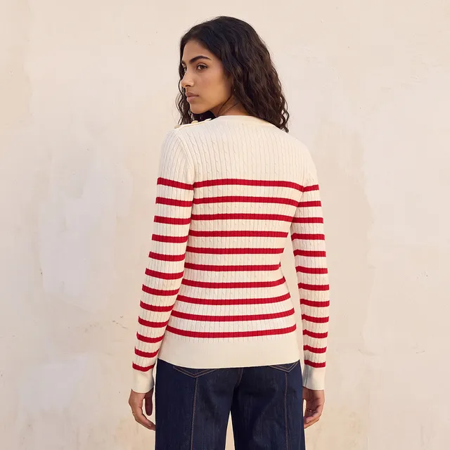 Splash Basic Striped Cable Knit Sweater with Button Trim – image 5