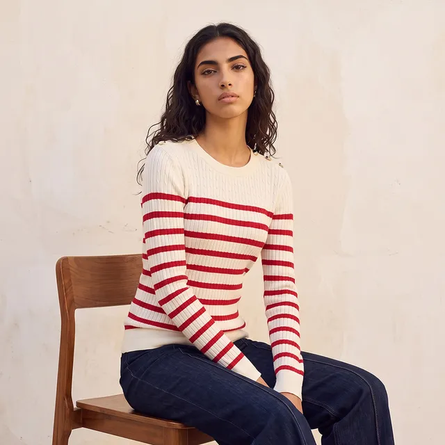 Splash Basic Striped Cable Knit Sweater with Button Trim – image 2