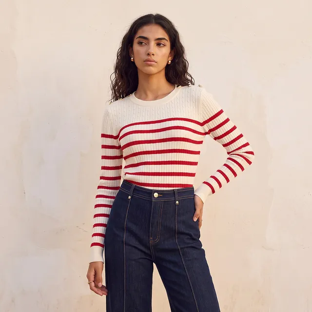 Splash Basic Striped Cable Knit Sweater with Button Trim – image 4
