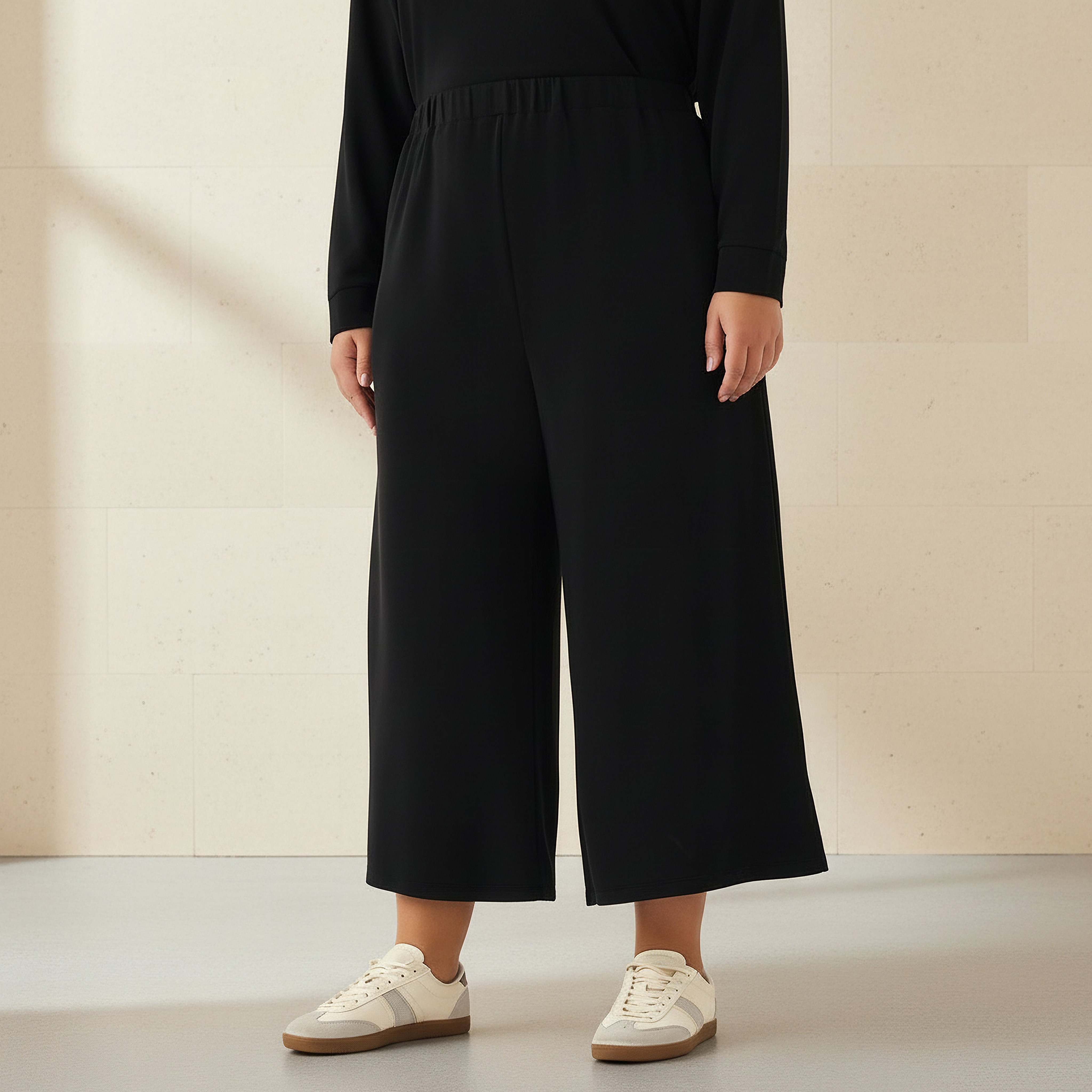 Ulla Popken Relaxed Fit Elasticated Waist Wide Leg Pants