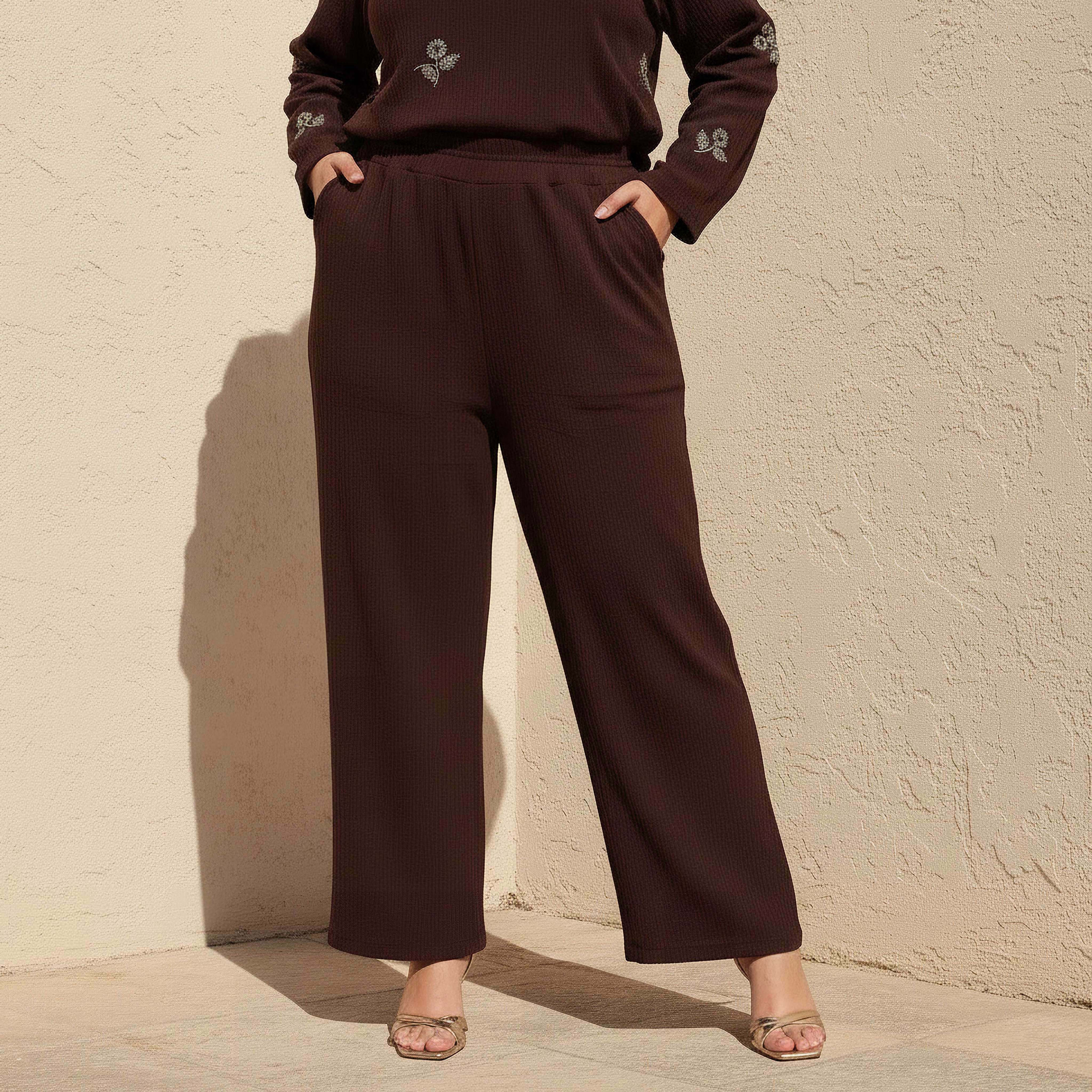 Ulla Popken Textured Wide Leg Linen Blend Pants