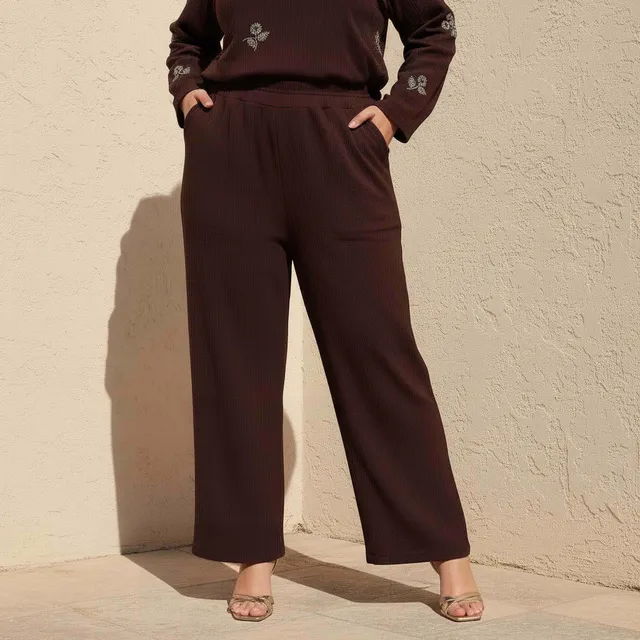 Ulla Popken Textured Wide Leg Linen Blend Pants