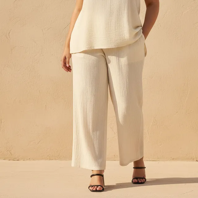 Ulla Popken Textured Wide Leg Linen Blend Pants