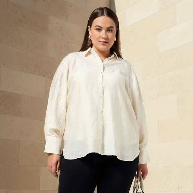 Ulla Popken Plus Size Relaxed Fit Jacquard Shirt with Raglan Sleeves