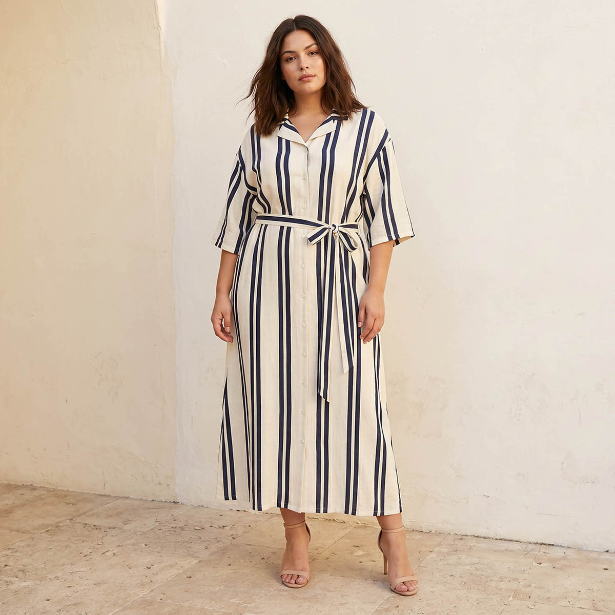 Ulla Popken Striped Women Shirt Dress with Tie-Up Belt