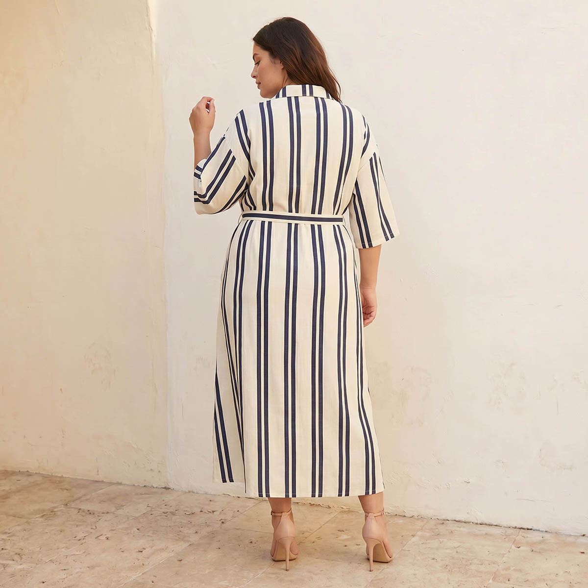 Ulla Popken Striped Women Shirt Dress with Tie-Up Belt