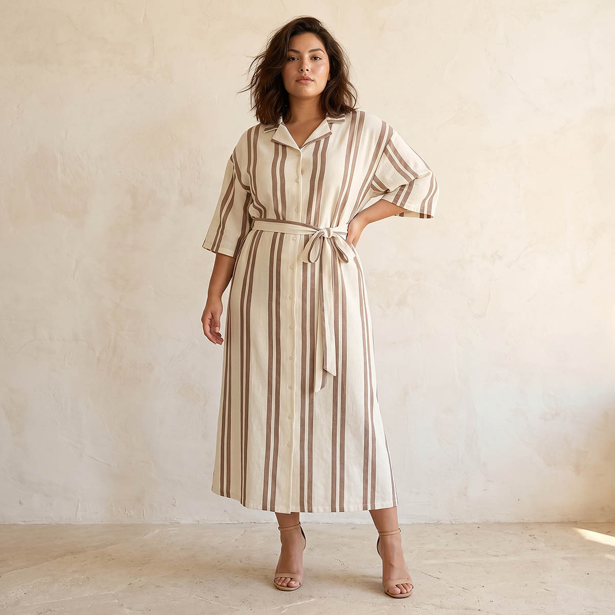 Ulla Popken Striped Women Shirt Dress with Tie-Up Belt