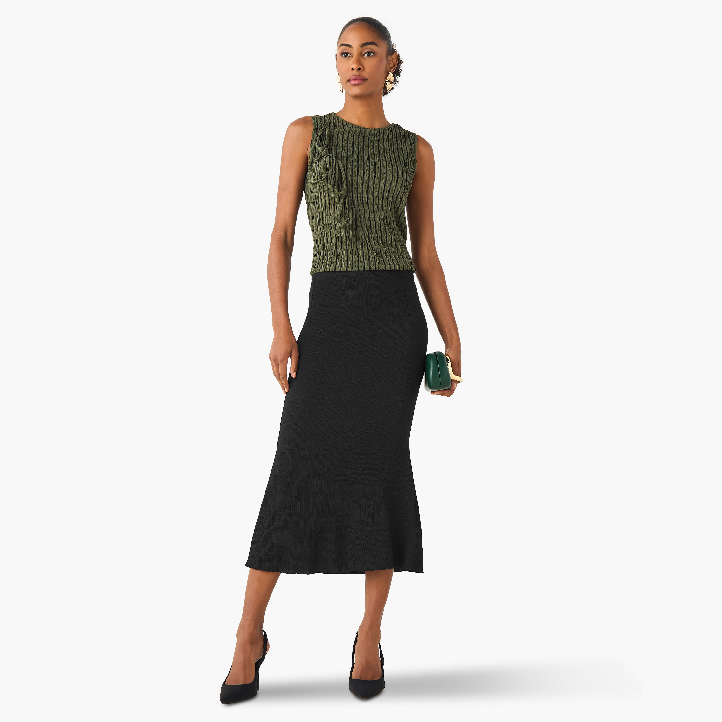 Mermaid Cut Textured Midi Skirt