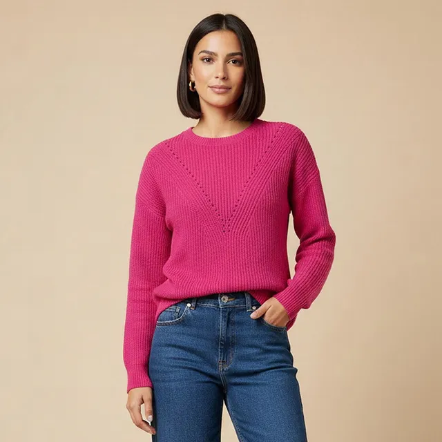Textured Crew Neck Sweater with Long Sleeves