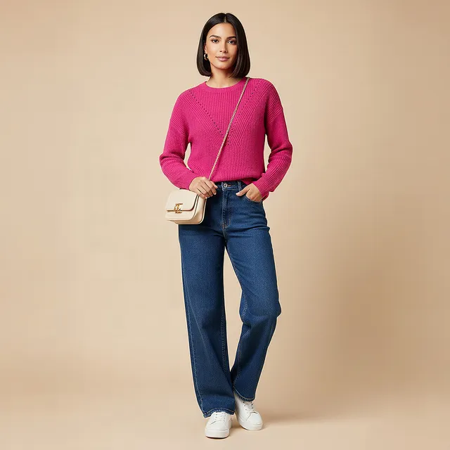 Textured Crew Neck Sweater with Long Sleeves – image 2