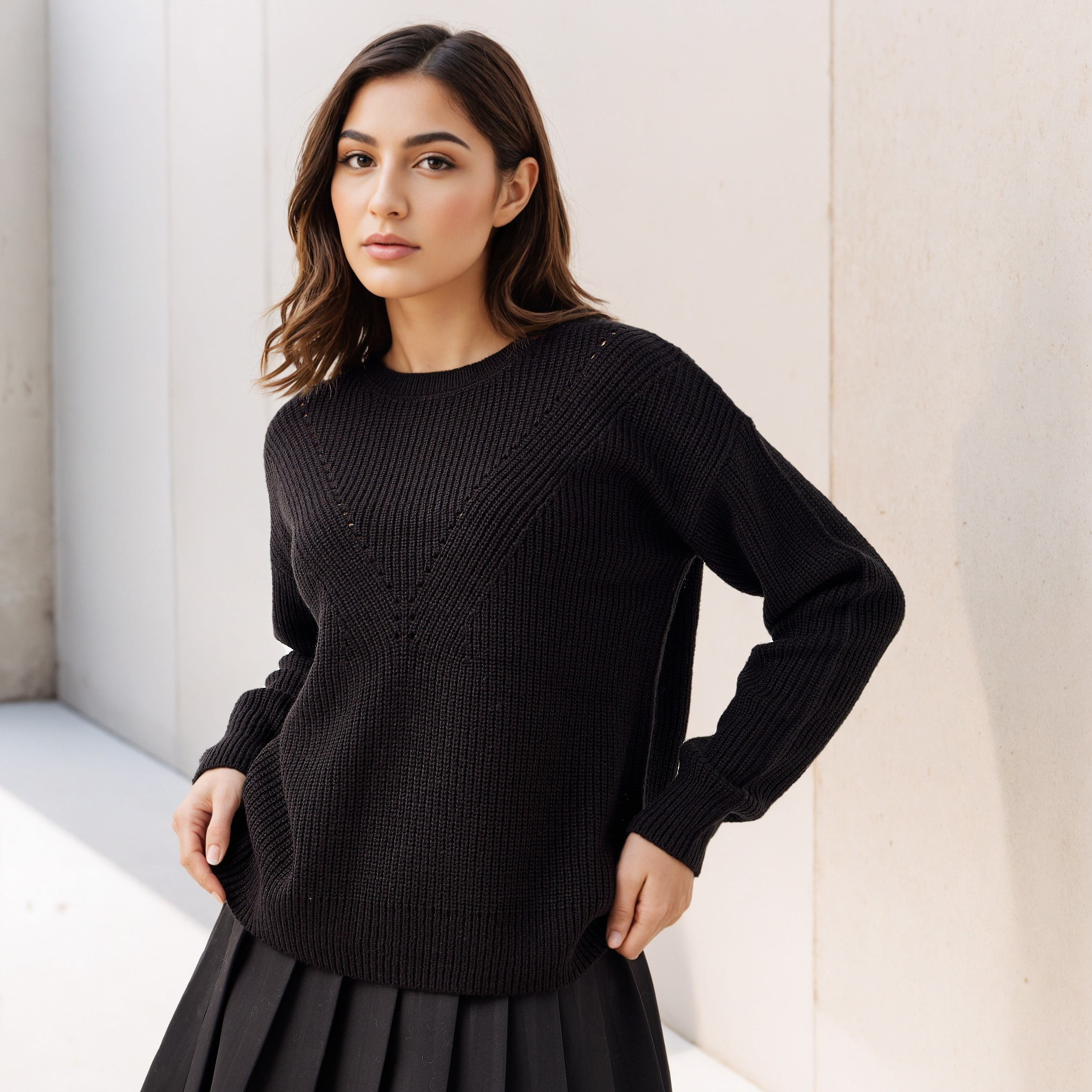 Textured Crew Neck Sweater with Long Sleeves