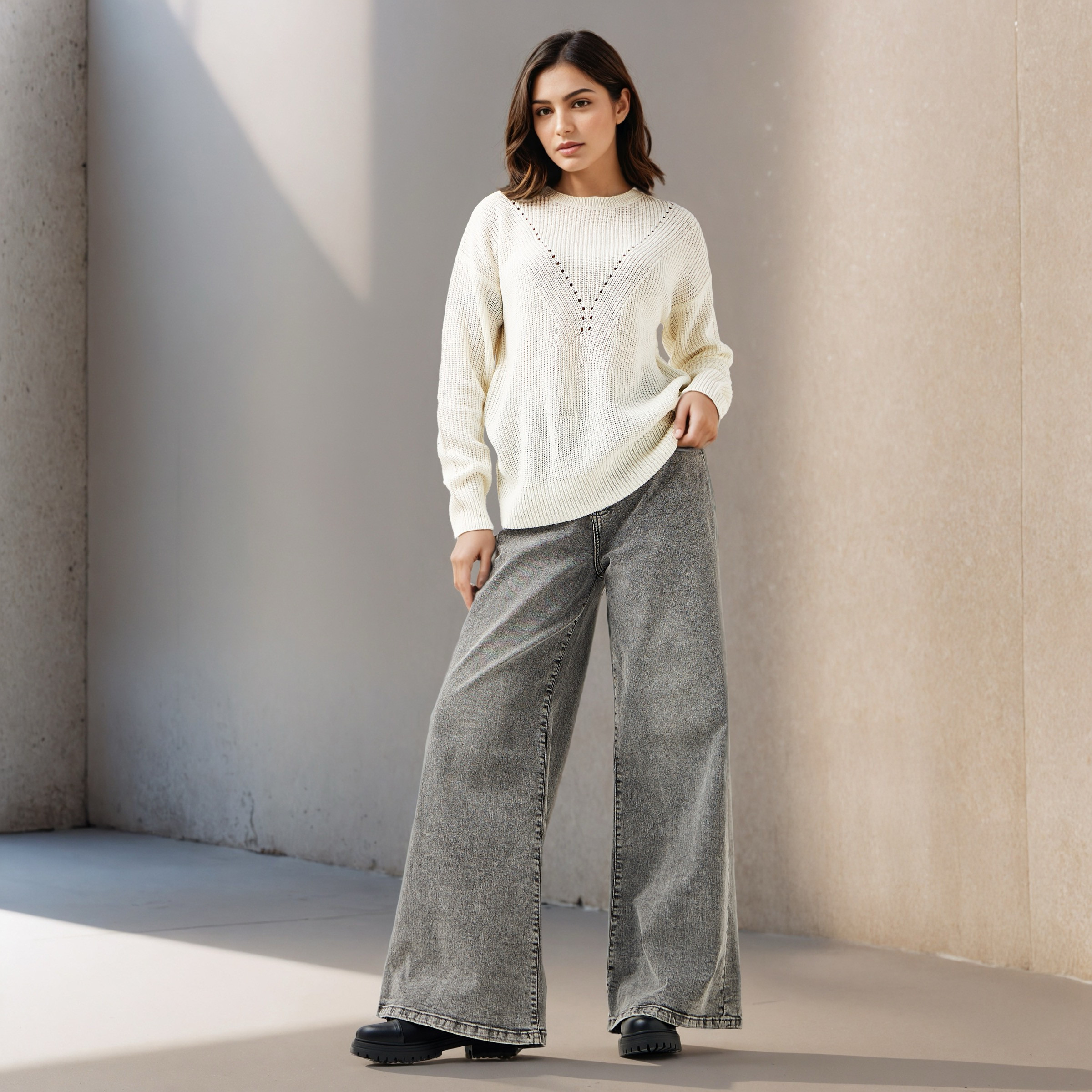 Textured Crew Neck Sweater with Long Sleeves
