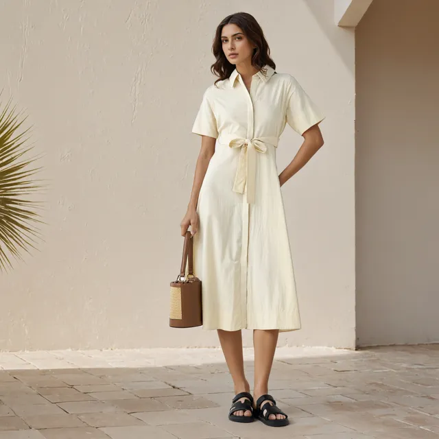 Shirt Midi Cotton Dress with Waist Tie-Up – image 2
