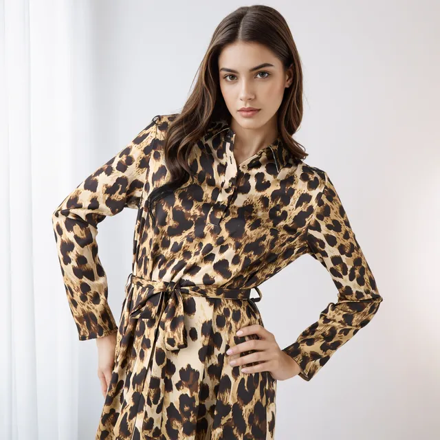 Animal Print Shirt Dress with Tie-Up Detail – image 4