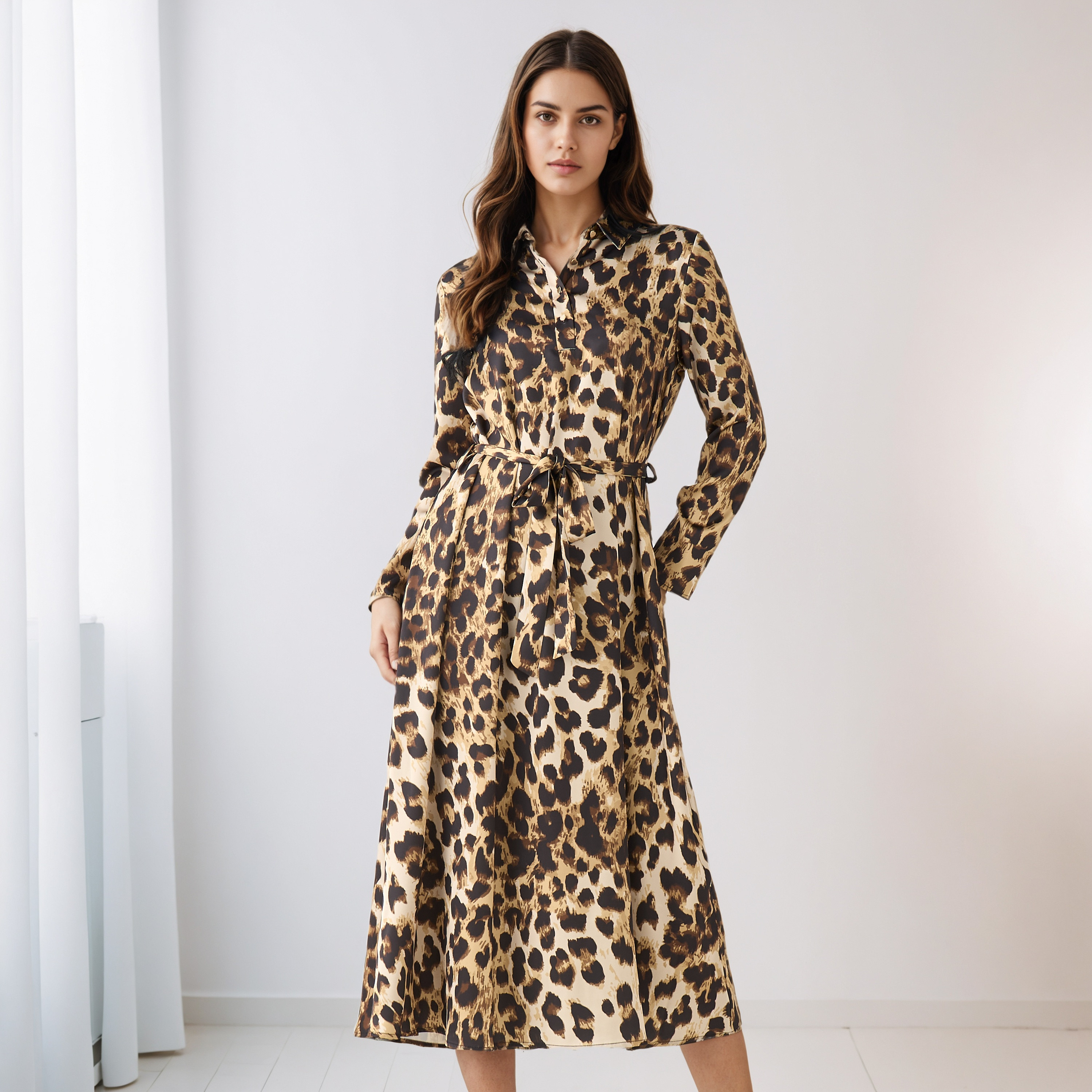 Animal Print Shirt Dress with Tie-Up Detail