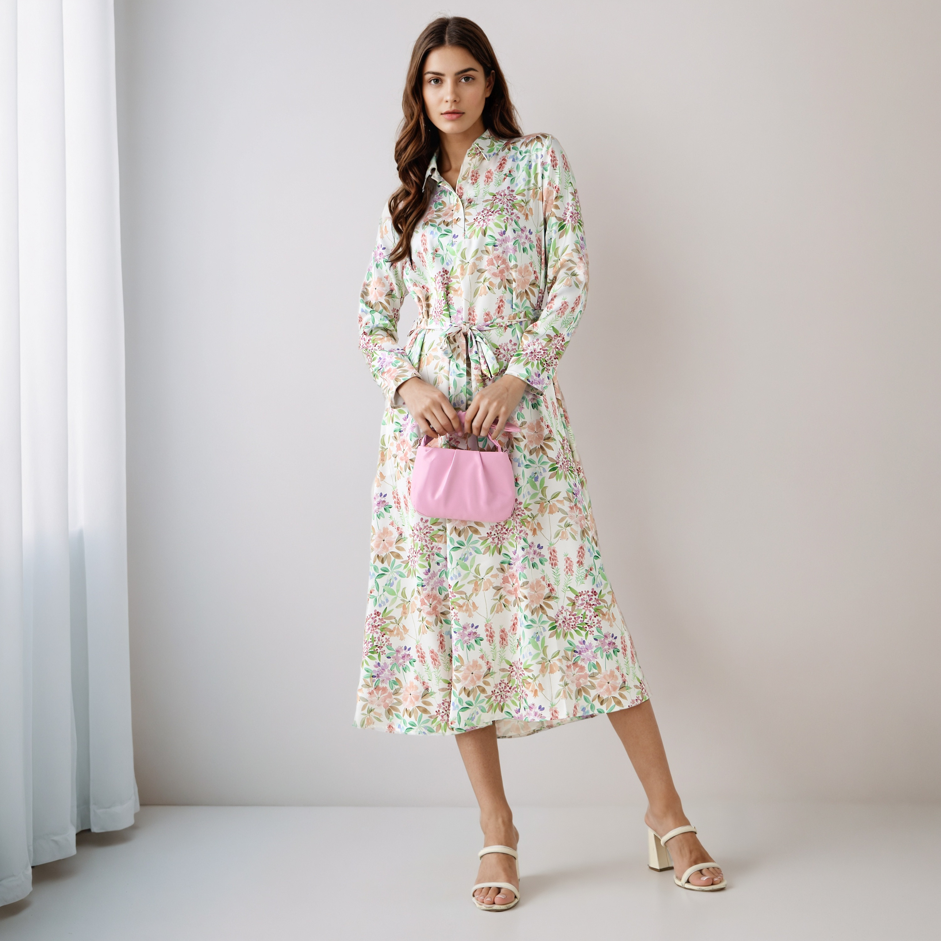 Floral Print Shirt Dress with Tie-Up Detail