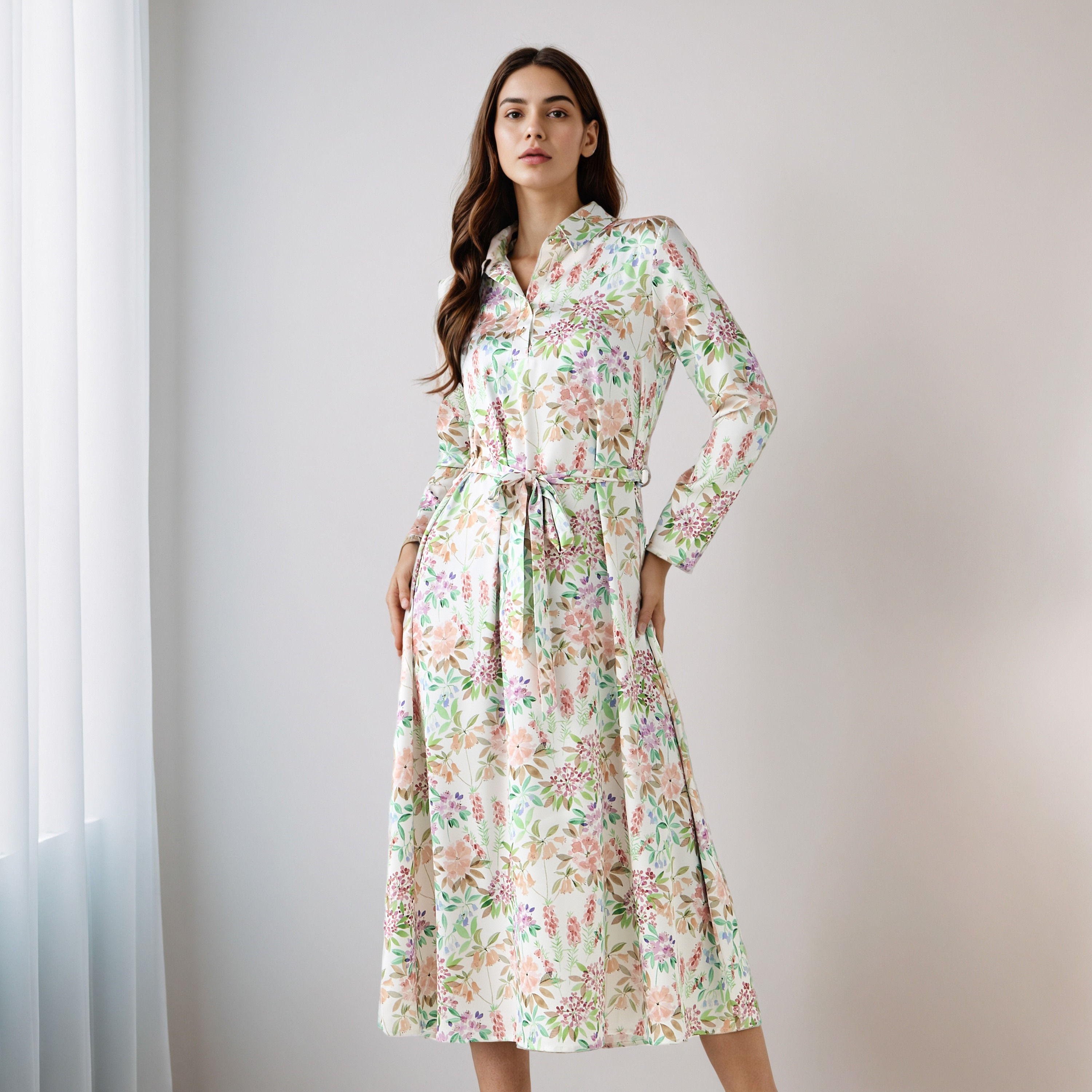 Floral Print Shirt Dress with Tie-Up Detail