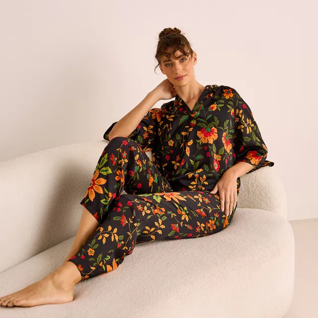 Floral Print Satin Top and Pyjama Set