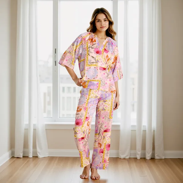 Floral Print Satin Top and Pyjama Set