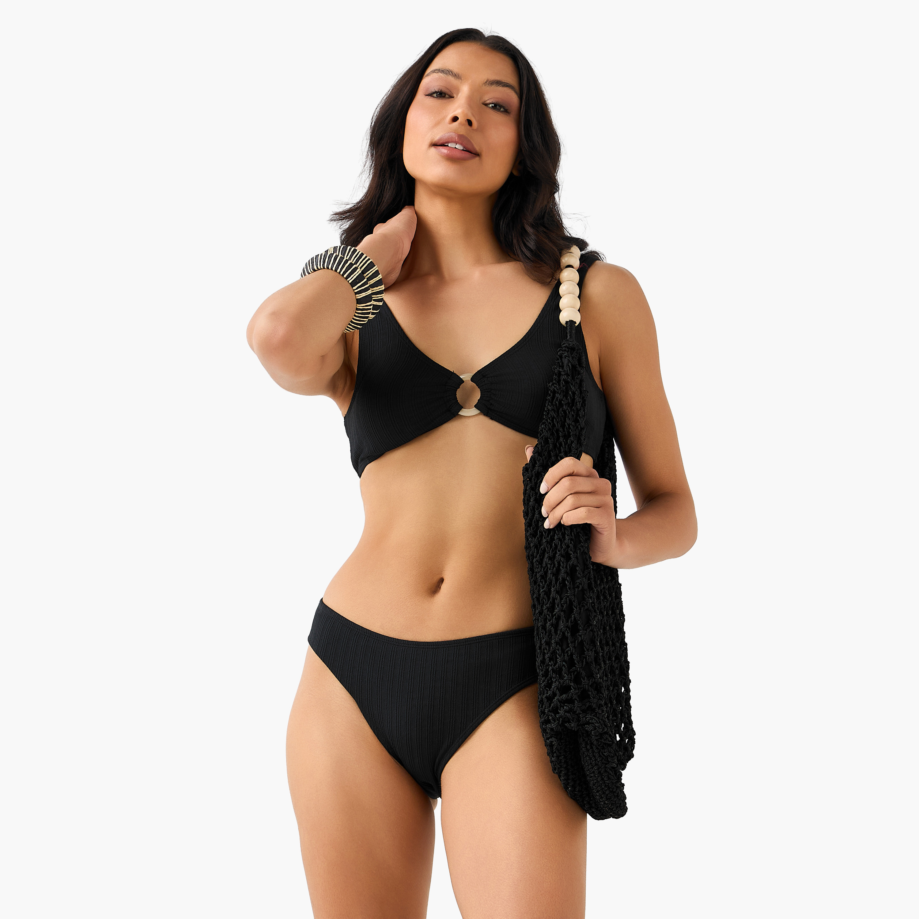 Women Ribbed Ring Detail Bikini Set
