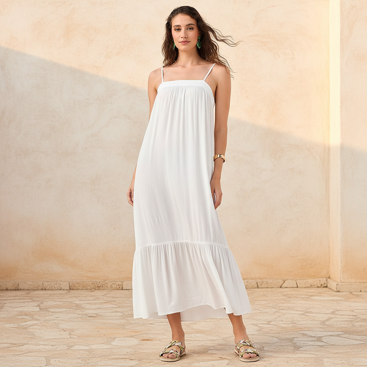 Textured Strappy Maxi Viscose Dress