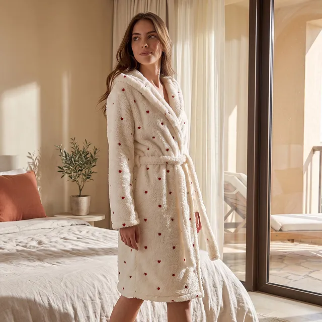 Splash Intimates Knee Length Night Robe with Belt and Heart Embroidery – image 4