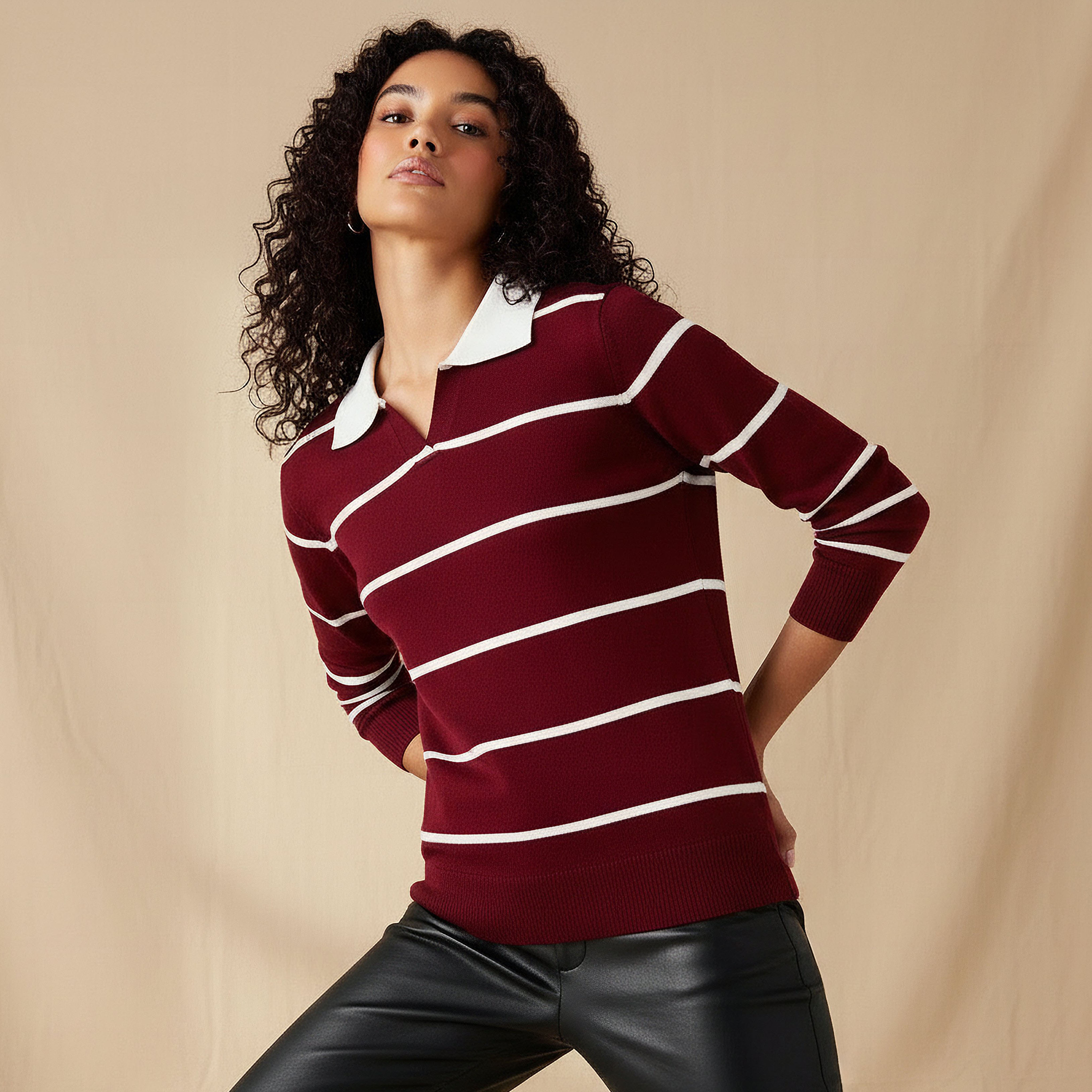 2Xtremz Regular Fit Striped Collared Tricot Sweater