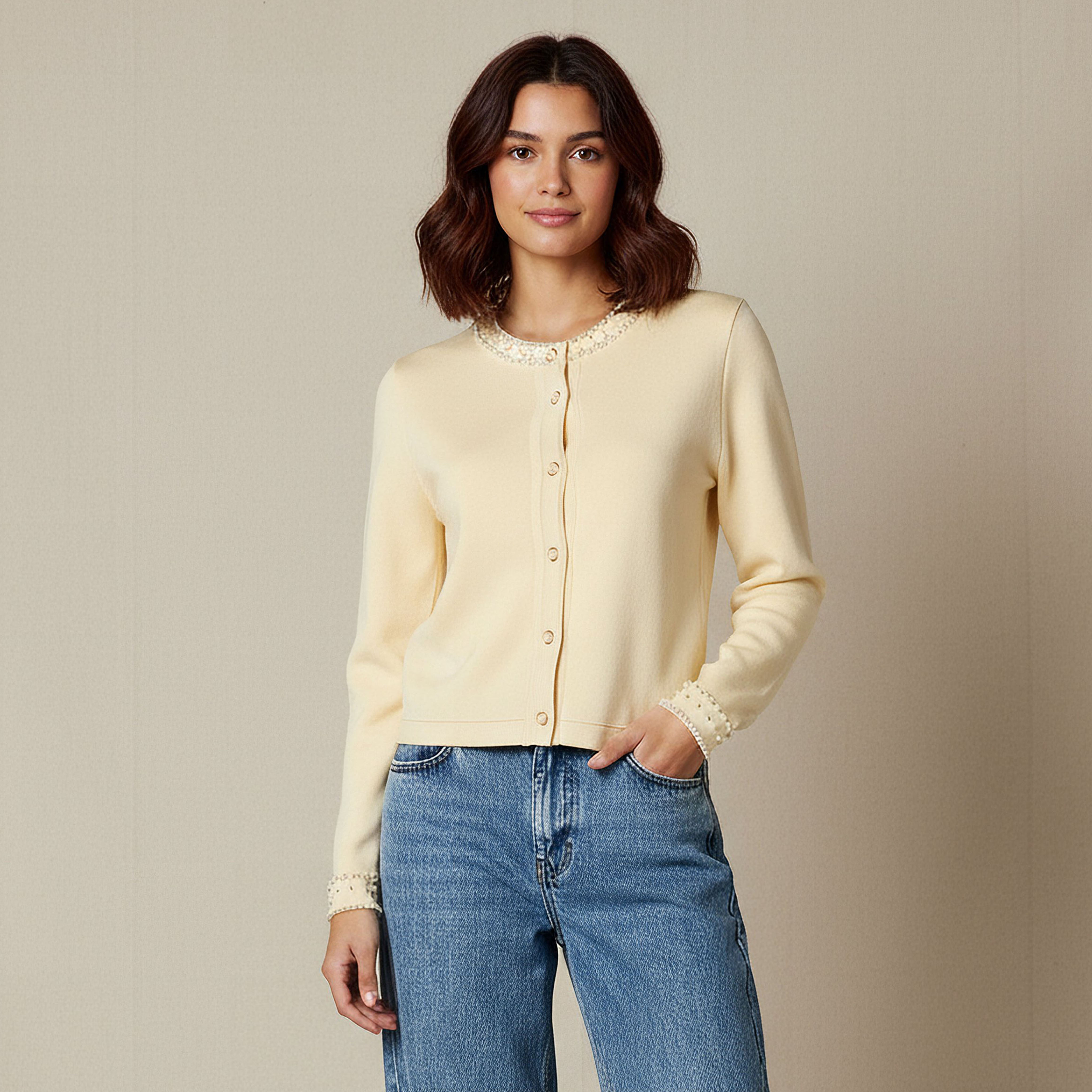 2Xtremz Pearl Embellished Round Neck Cardigan