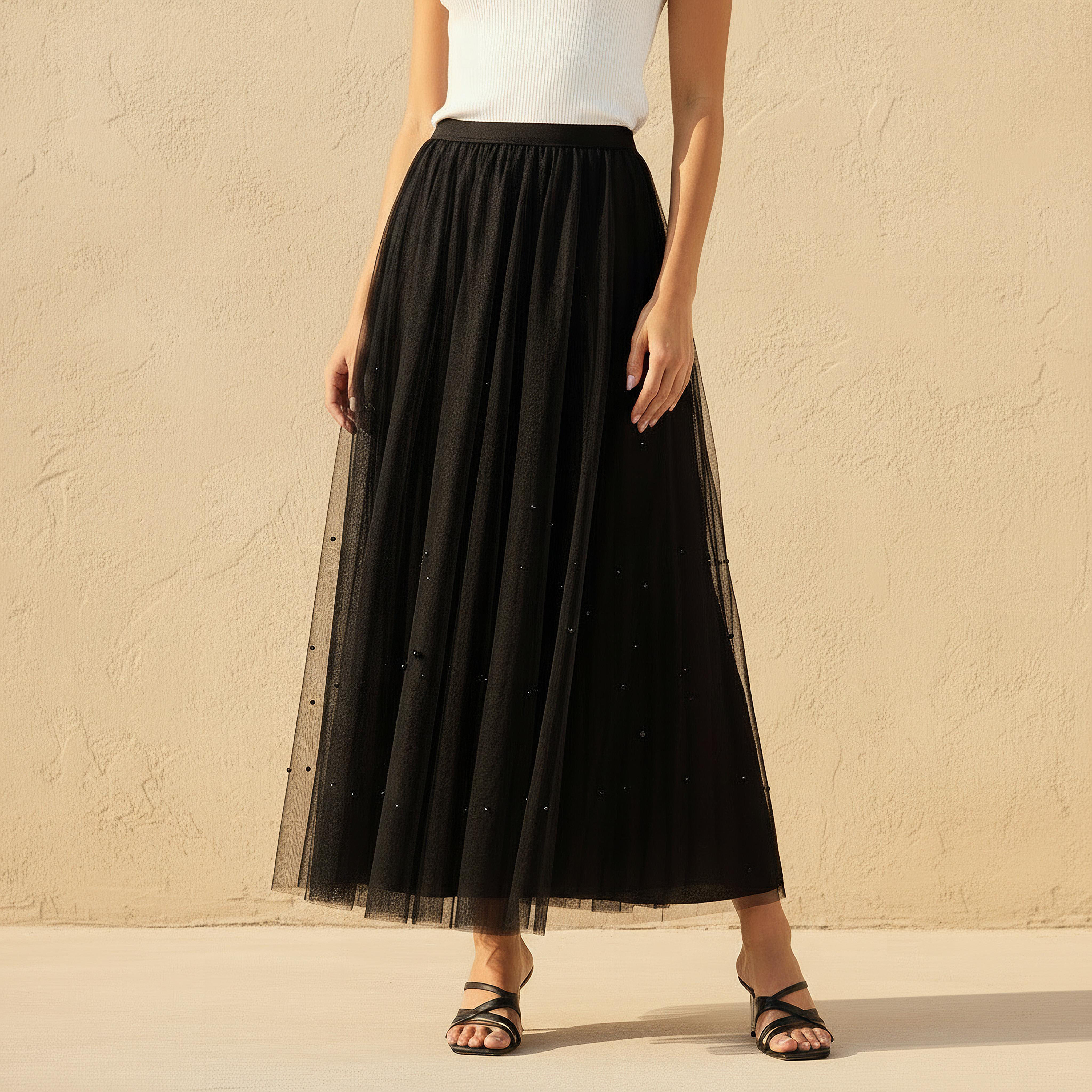 Maxi Embellished Skirt with Elastic Waist