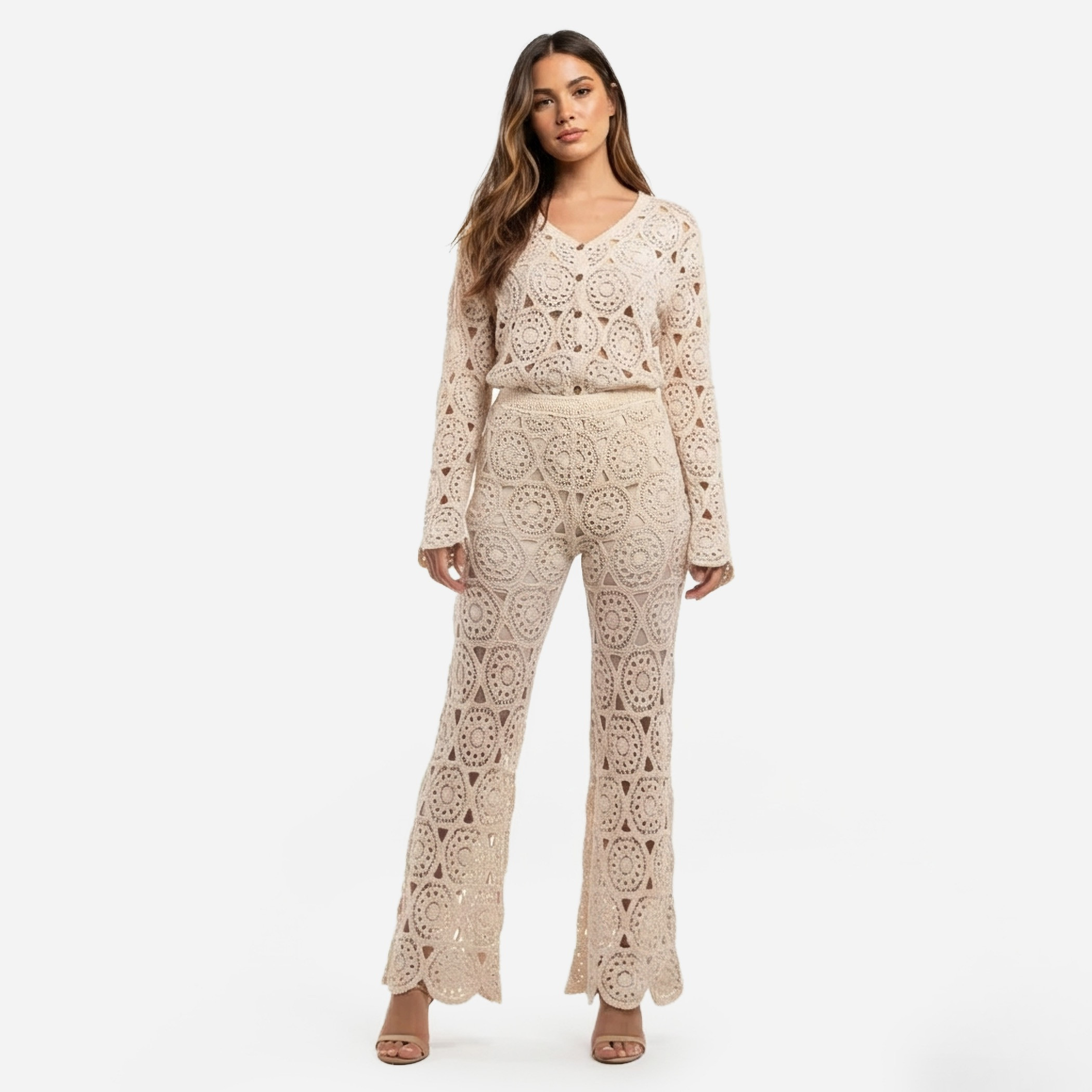 2Xtremz Flare Fit High-Rise Crochet Lace Detail Pants