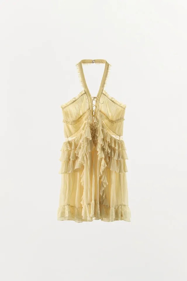 Short Halter Neck Dress with Ruffles and Lace Appliqué – image 6