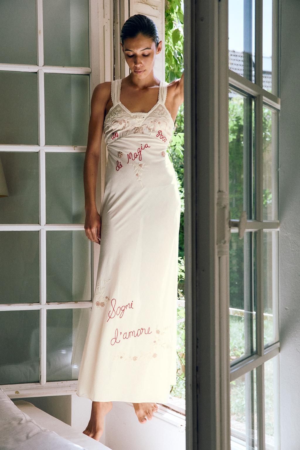 Embroidered Floral Text Beaded Dress