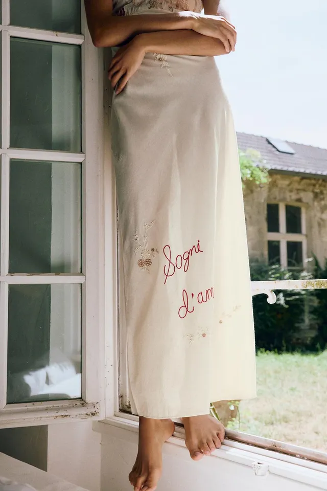 Long Cotton Dress with Embroidered Floral and Text, Beads, and Back Tie – image 4