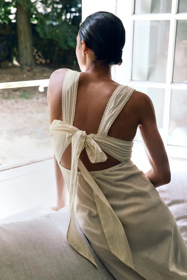 Long Cotton Dress with Embroidered Floral and Text, Beads, and Back Tie – image 5